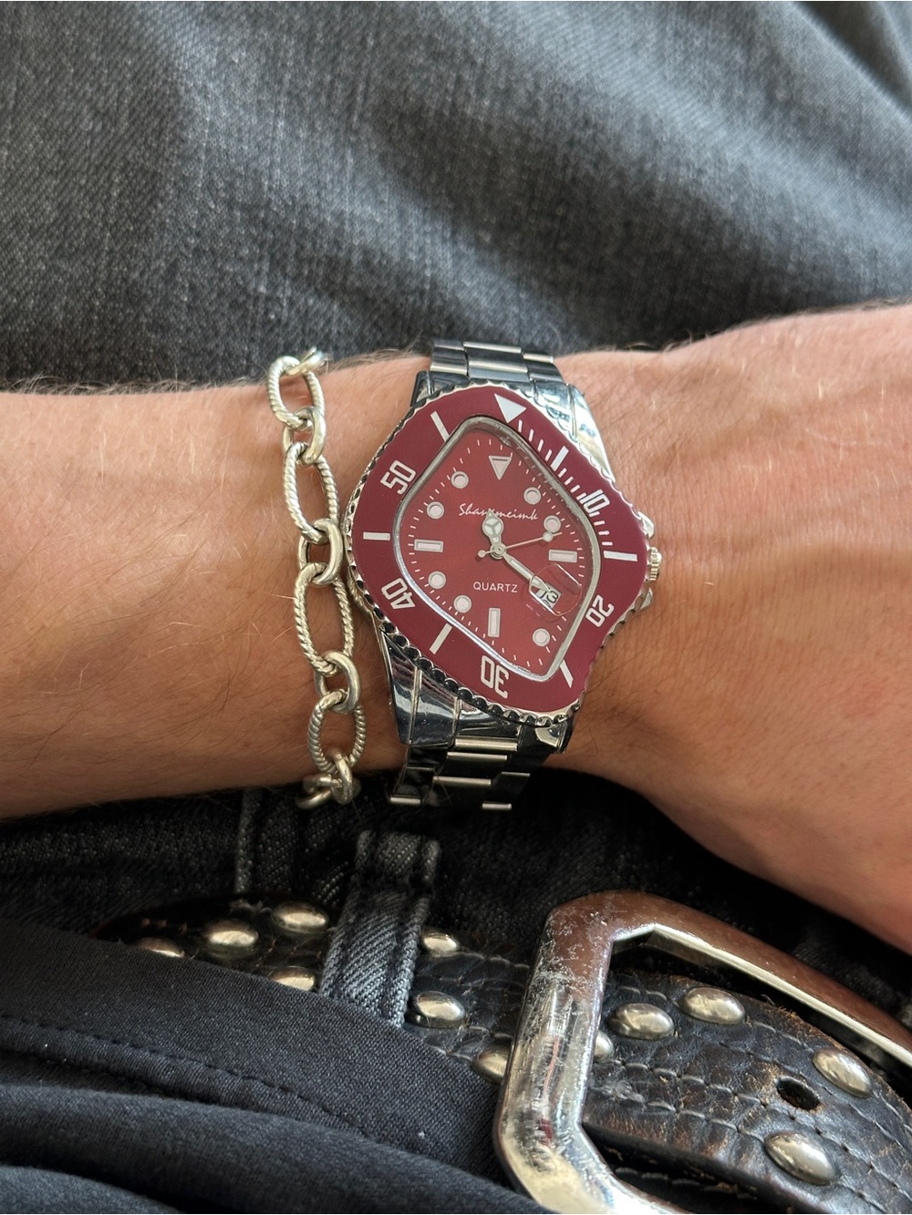 Men's Red Dial Stainless Steel Watch